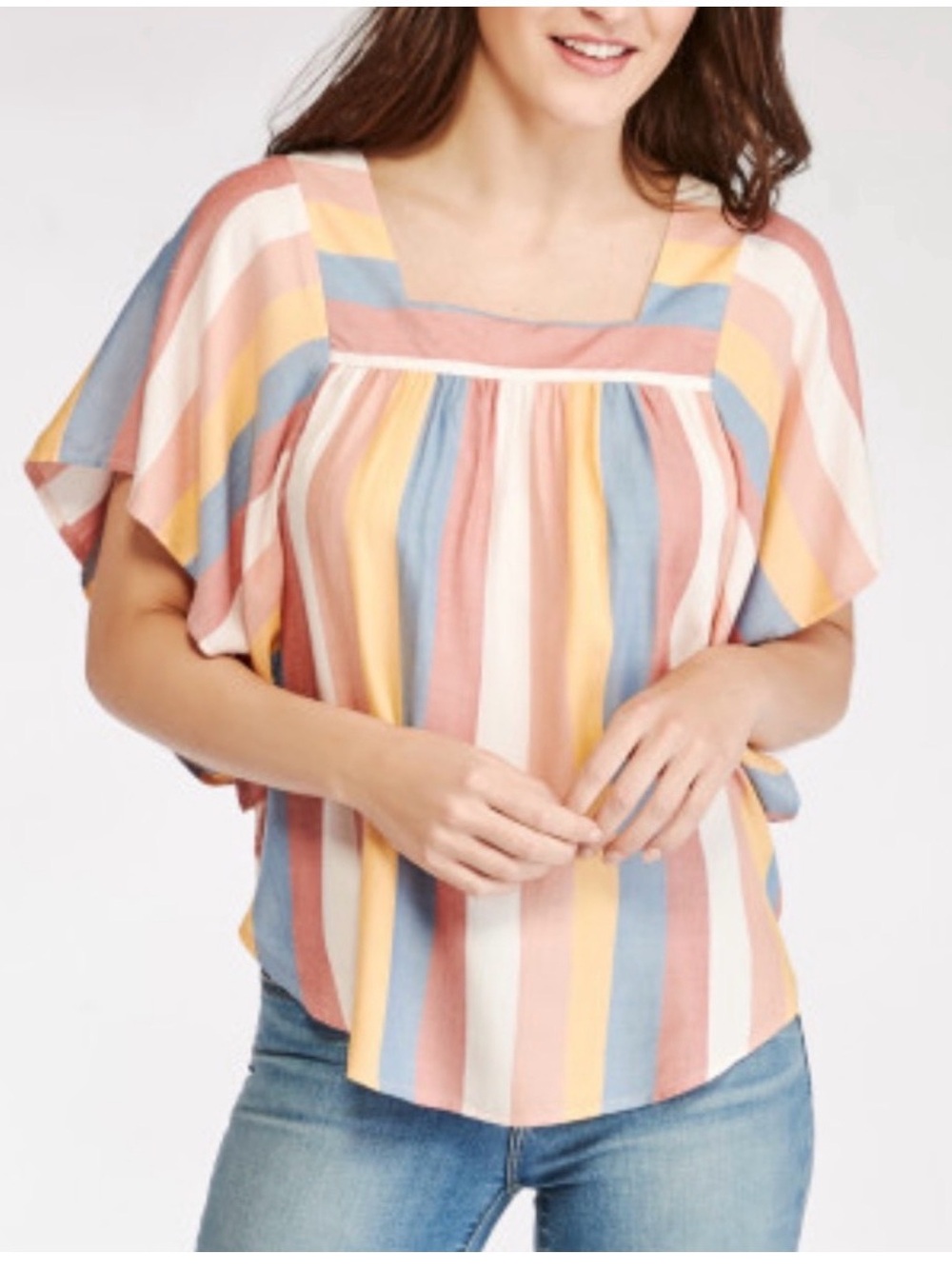 Beach Lunch Lounge Zoey Happy Striped Square-Neck Flutter Sleeve Top SZ XL